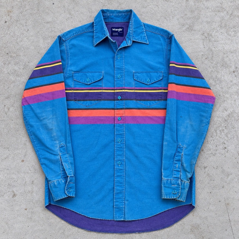 Vintage Wrangler Brushpopper Western Shirt Blue Striped Long Tail 15.5-34